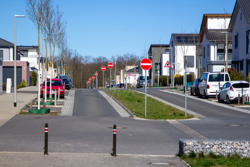 No passing road signs at a residential park street