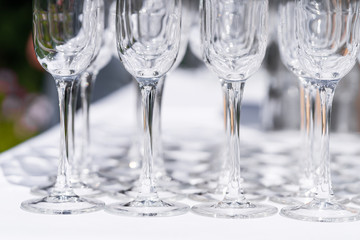 Set of blank empty wine glasses displayed in rows. Preparation for the holiday.
