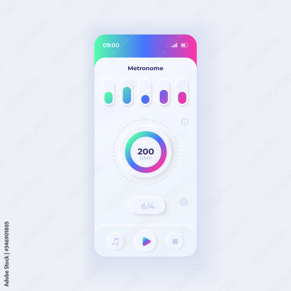 Poster metronome application smartphone interface vector template. mobile app page light design layout. mus