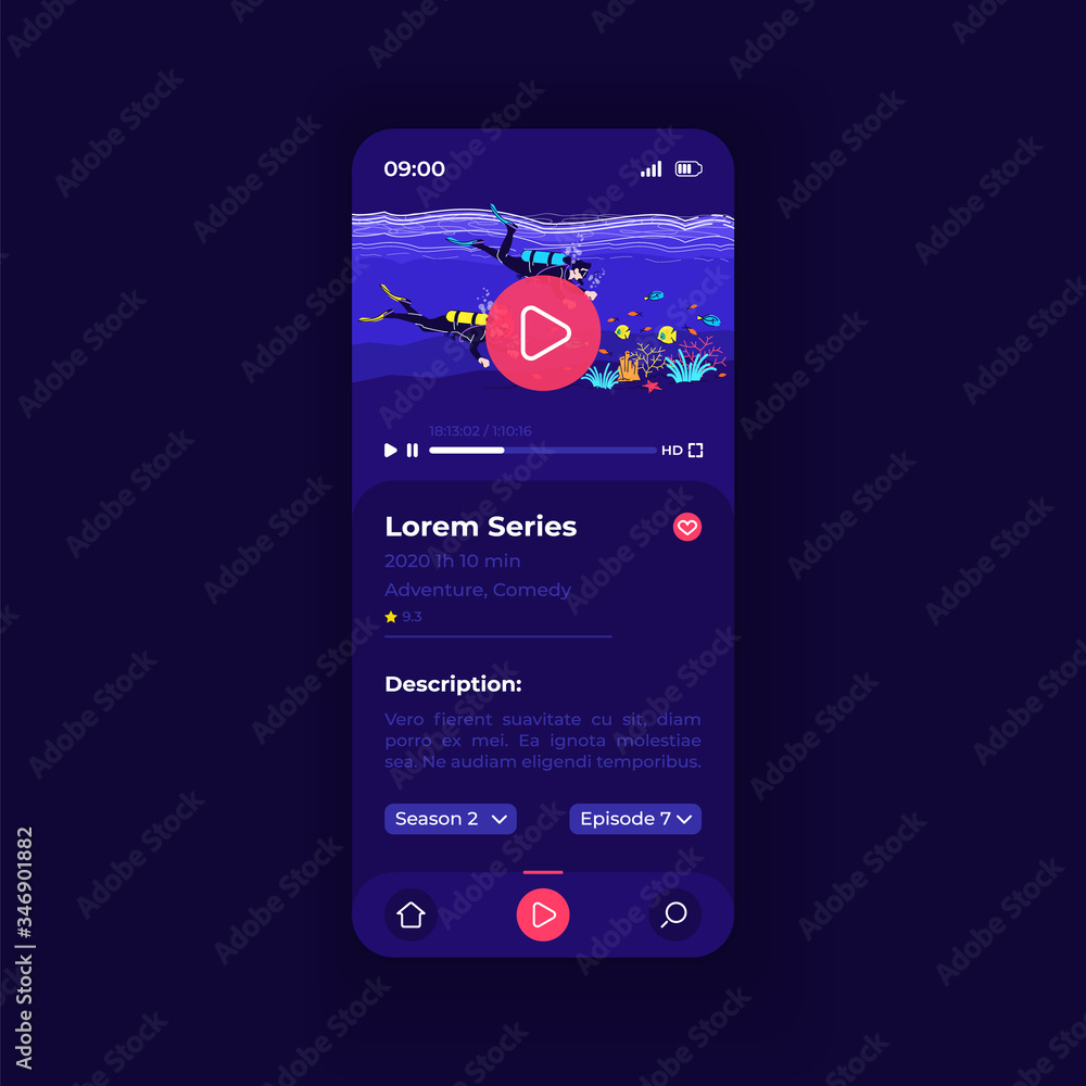 Poster video blogging application smartphone interface vector template. mobile app page dark design layout.
