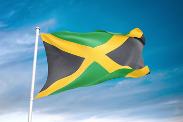 Jamaica flag waving sky background 3D illustration