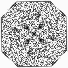 mandala with folk style flowers and abstract plants drawn on a white background to be colored, vector, for coloring