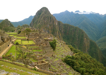 Panoramic View of Machu Picchu Ancient Inca Citadel in the Early Morning with Few Visitors, Cuzco Region, Peru, South America
