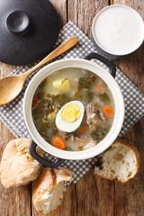 Summer sour green borsch with sorrel, vegetables, meat and egg served with bread and sour cream closeup. vertical top view
