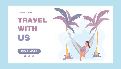 Summer vacation concept of woman lying and relaxing in hammock under palm trees. Template for poster, banner, card, flyer, website, web page ets. Flat Cartoon Vector stock illustration.