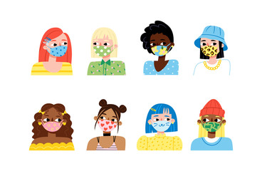 Set of stylish girls wearing face masks preventing the coronavirus pandemic. Fashionable protection from virus, flu outbreak or air pollution. Women avatars. Cute cartoon illustration in flat style. 