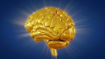 3d illustration golden brain with convolutions and a radiance of light