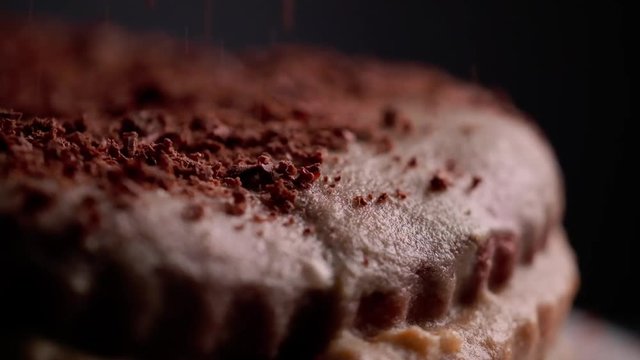Close up of tasty chocolate cake with topping