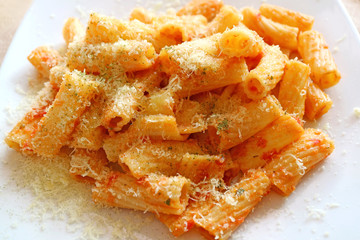 Closeup Creamy and Flavorful Rigatoni Pasta with Tomato Parmesan Sauce