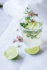 making cocktails in glasses with lime and herbs on stone kitchen desk background