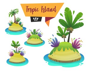 tropical island cartoon style set. funny and cheerful beautiful paradise travel tourism and adventure into sea beach shore with sand and exotic plants palm flowers . vector illustration