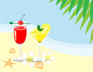 Tropical colorful cocktail drink decorated with cherry and slice lime on beach. Isolated on light background. Vector Illustration. Idea for summer vacation and welcome drink.