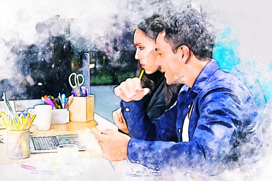 Abstract young business teamwork planning and working at desk on watercolor illustration painting background.
