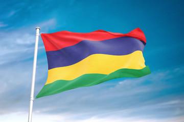 Mauritius flag waving sky background 3D illustration