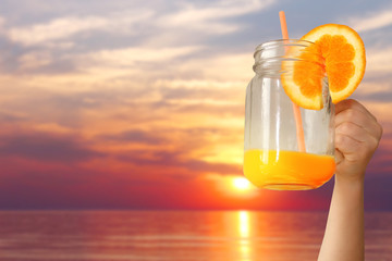 Bright red background of sea sunset, vacation concept, travel