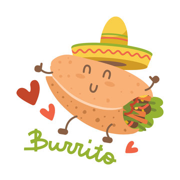 Burrito in mexican hat sombrero. Cartoon food character. Isolated image on white background. Comic trendy style kawaii person. Vector flat emoticon illustration with lettering