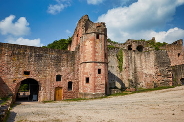 Courtyard of the castle ruins Hardenburg, medival under blue sky