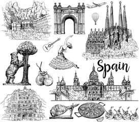 Poster / card / composition of colorful hand drawn sketch style Spain related objects isolated on white background. Vector illustration. - 346908893
