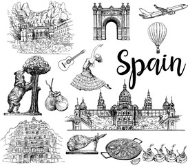 Poster / card / composition of colorful hand drawn sketch style Spain related objects isolated on white background. Vector illustration. - 346909093