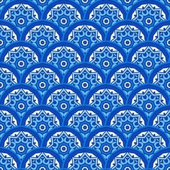 Blue oriental damask flourish seamless vector design