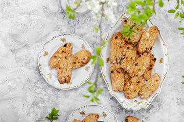 Italian biscotti cookies with almonds and raisins