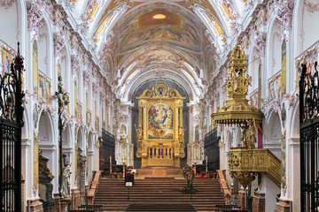 Fototapeta na wymiar Freising, Germany. Interior of Freising Cathedral (St. Mary and St. Corbinian Co-Cathedral). The church was founded in 1159. The present Rococo interior was created in 1724 by Asam brothers.