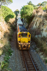 Zug fährt auf Schienen Lok Waggons 