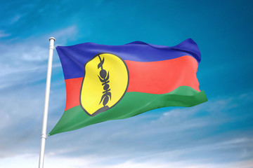 New Caledonia flag waving sky background 3D illustration