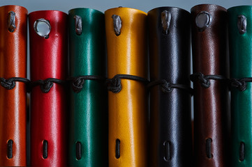 Leather purse close-up Wallets of different colors. Leather theme