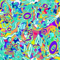 Geometric pattern fiction psychedelic. Neon current shapes vibrant. Vivid tropical flowers. Abstract vector pattern suitable for printing children's prints on textiles, fabrics, clothes, boys, girls.