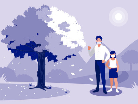Father and daughter with mask in front of landscape vector design