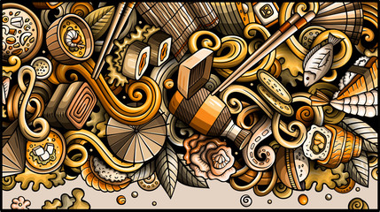 Japanese food hand drawn doodle banner. Cartoon detailed flyer.