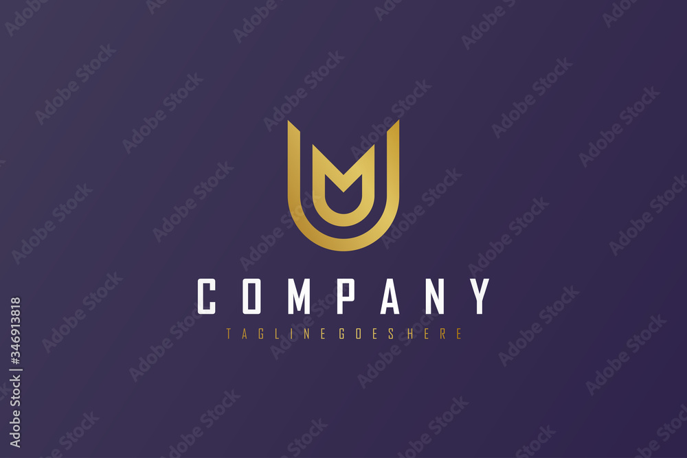 Poster abstract initial letter m and u linked logo. gold geometric linear style isolated on purple backgrou