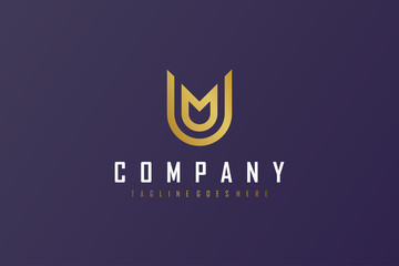 Abstract Initial Letter M and U Linked Logo. Gold Geometric Linear Style isolated on Purple Background. Usable for Business and Building Logos. Flat Vector Logo Design Template Element.