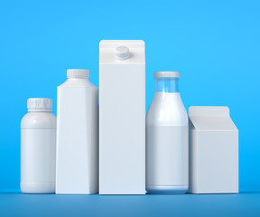 3D illustration of 5 types of milk packaging