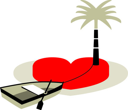 Boat moored to a heart-shaped desert island with a palm tree