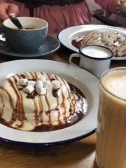 pancake breakfast fresh dark coffee sugar cream