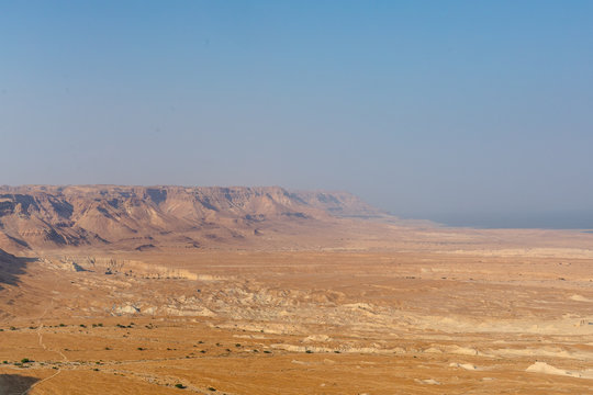 Masada UNESCO world heritage site, the Dead Sea in Israel seen from above in an aerial skyline photo