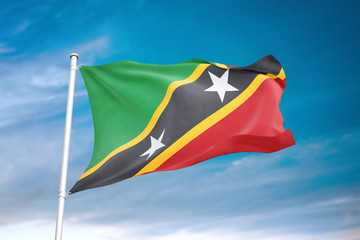 Saint Kitts and Nevis flag waving sky background 3D illustration