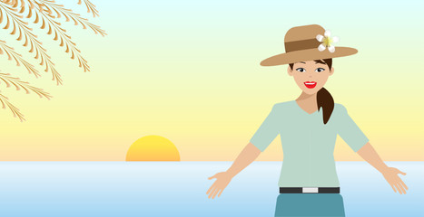 Young beautiful woman in casual wearing hat feeling happy with fresh air on the beach with sunset background . Vector Illustration. Idea for relaxation in long holidays/vacation.