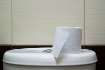 Toilet paper on white toilet tank closeup