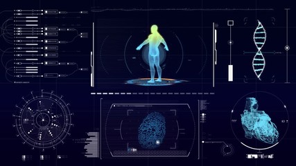 Futuristic Human Male Anatomy Scan animation. Medical hi-tech data monitor. Blinking and switching digital indicators  - Powered by Adobe