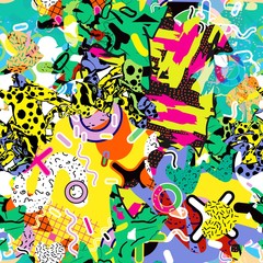 Abstract fun color pattern cartoon texture for doodle geometric background. Seamless ornament of amphibian frogs, butterflies, figures, circle, memphis, patchwork. Printing clothes for boys, girls.