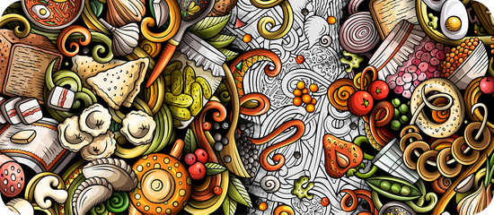 Russian food hand drawn doodle banner. Cartoon detailed flyer.