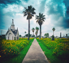 old Galveston Texas cemetery with clouds