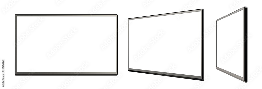 Poster a set of various views of blank lcd, lcm, led or tft tv panel with metallic surface isolated on a wh