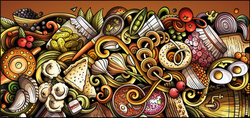 Fototapeta na wymiar Slavic food hand drawn doodle banner. Cartoon detailed flyer.