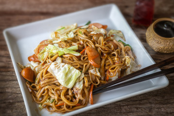 Yakisoba with sausage Japanese style fried noodle.