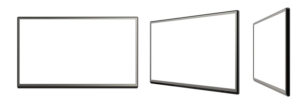 A Set of Various Views of Blank LCD, LCM, LED or TFT TV Panel with Metallic Surface Isolated on a White Background. Realistic 3D Render of Modern Sleek Screen.