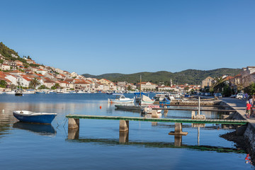 Fototapeta premium Piers and fishing boats in Vela Luka on island Korcula in Dalmatia, Croatia